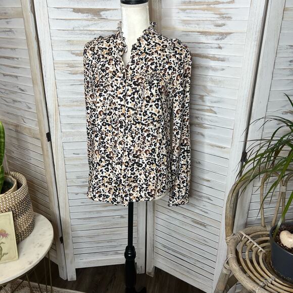 MAEVE | ANTHROPOLOGIE 4 Katia Ruffled Button Front Animal Print Top Brown Black - Picture 6 of 16